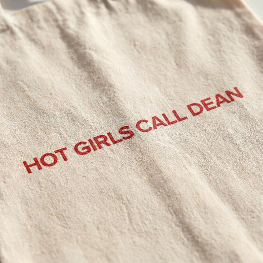 Close-up of the Hot Girls Call Dean print on natural canvas