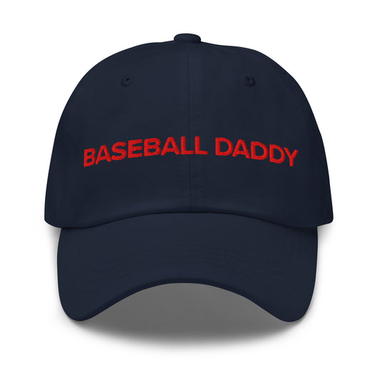 Close-up of the Baseball Daddy embroidery on the dad cap