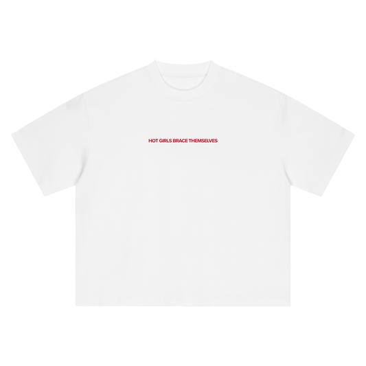 Hot Girls Brace Themselves boxy oversized tee in brand red, romance reader merch by After Hours Book Club