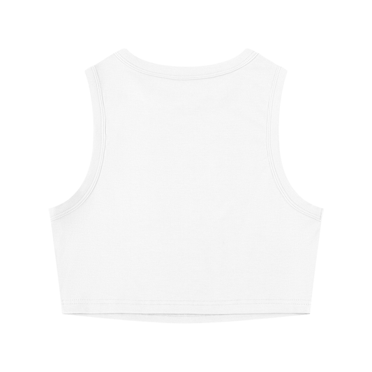 Close-up of the Hot Girls Ask Garrett slogan print on the crop tank