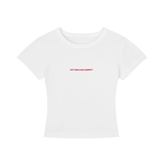 Hot Girls Ask Garrett cropped tee in brand red, hockey romance merch by After Hours Book Club