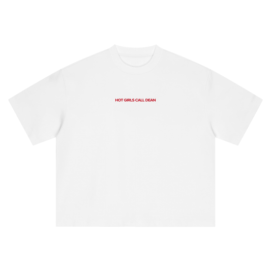 Hot Girls Call Dean boxy oversized tee in brand red, hockey romance merch by After Hours Book Club