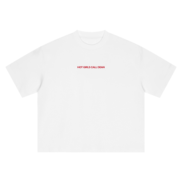 Hot Girls Call Dean boxy oversized tee in brand red, hockey romance merch by After Hours Book Club