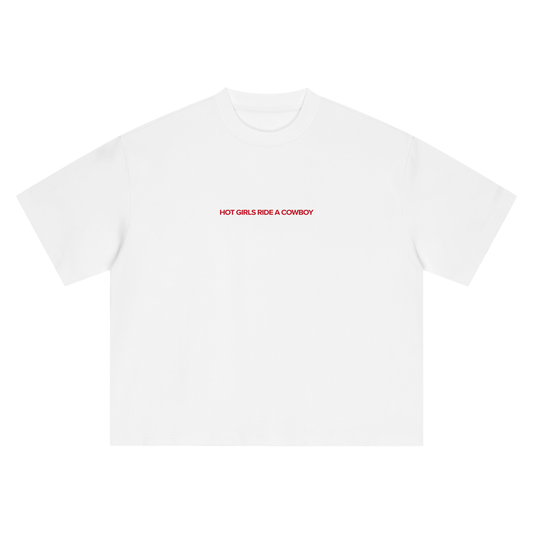 Hot Girls Ride a Cowboy boxy oversized tee in brand red, cowboy romance merch by After Hours Book Club