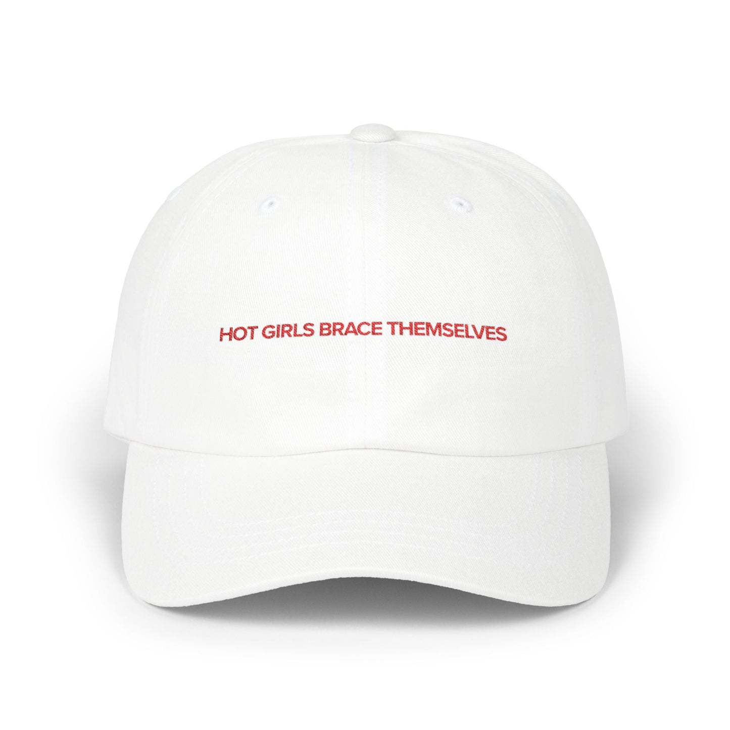 Hot Girls Brace Themselves embroidered dad cap in brand red, romance reader merch by After Hours Book Club