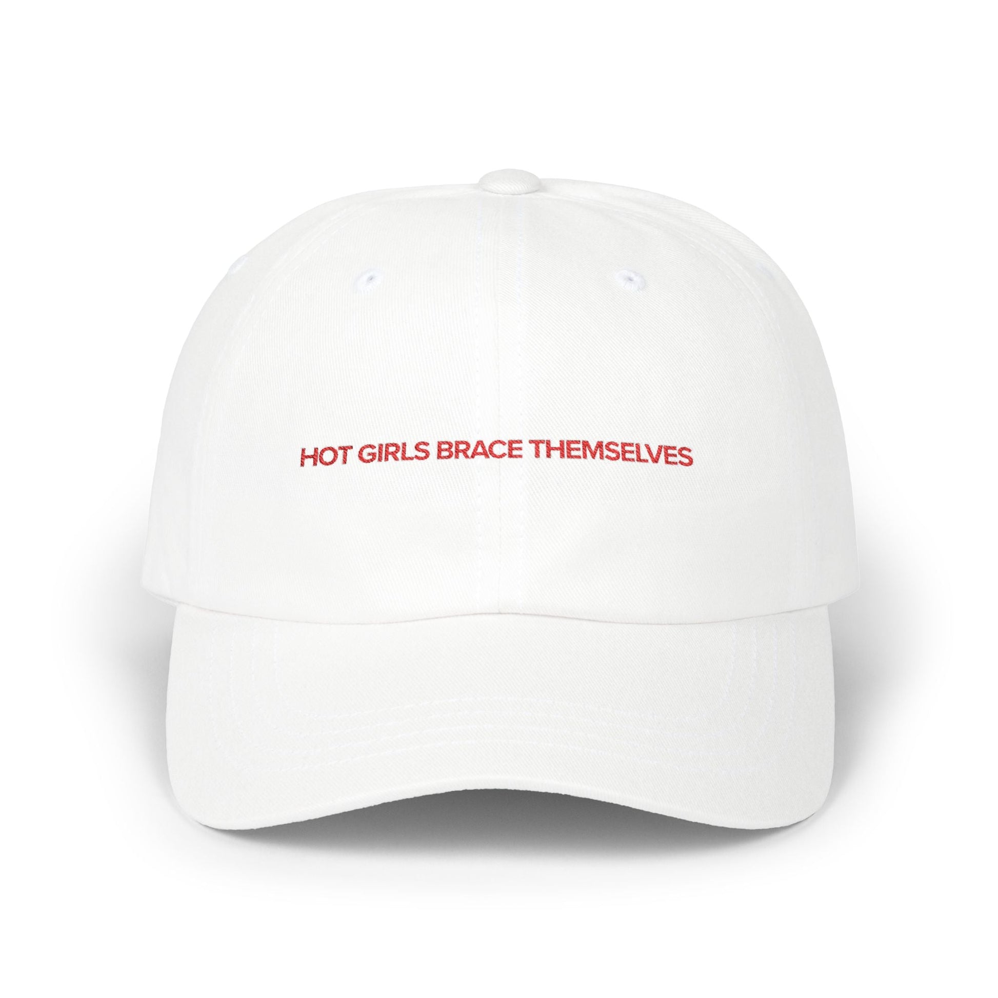 Hot Girls Brace Themselves embroidered dad cap in brand red, romance reader merch by After Hours Book Club