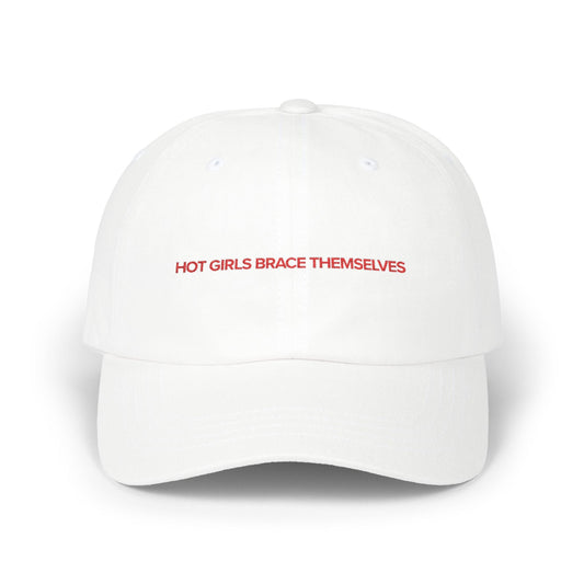 Hot Girls Brace Themselves embroidered dad cap in brand red, romance reader merch by After Hours Book Club