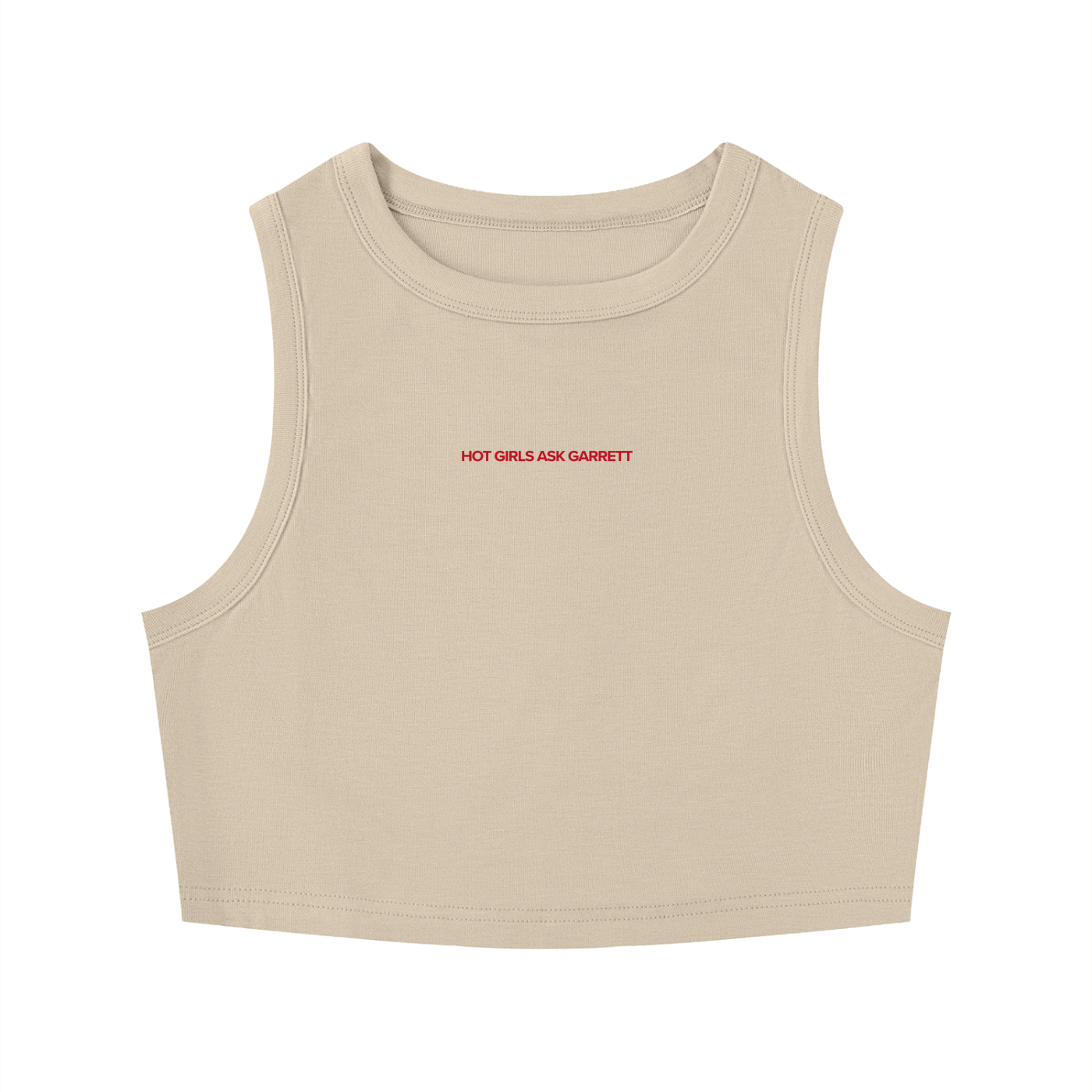 Hot Girls Ask Garrett crop tank top styled in brand red