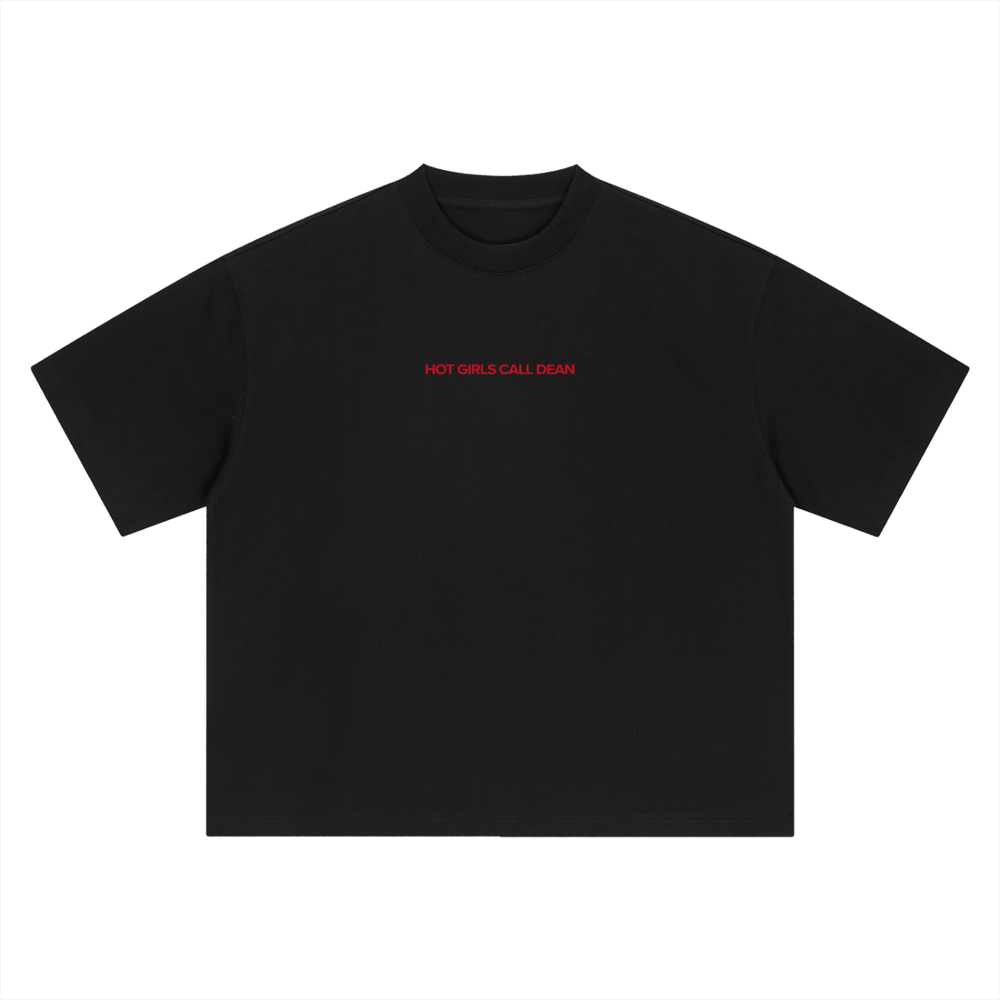 Close-up of the Hot Girls Call Dean slogan print on the boxy tee