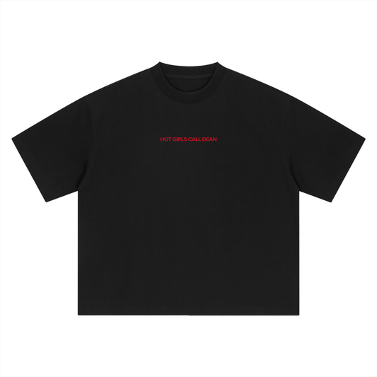 Close-up of the Hot Girls Call Dean slogan print on the boxy tee
