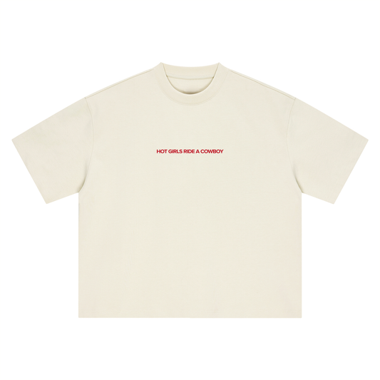 Hot Girls Ride a Cowboy boxy oversized tee shown in natural light