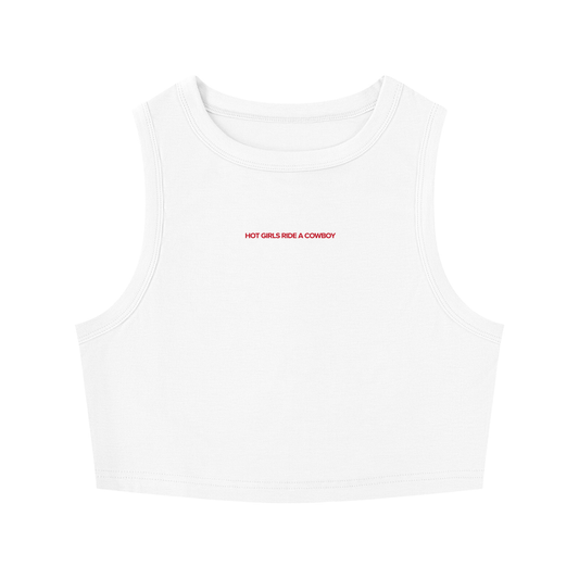 Hot Girls Ride a Cowboy crop tank top in brand red, cowboy romance merch by After Hours Book Club