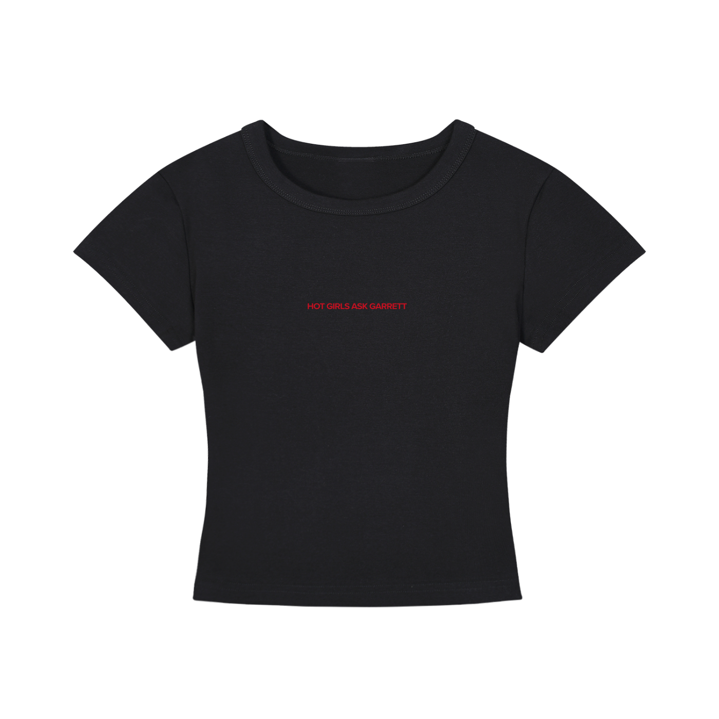 Close-up of the Hot Girls Ask Garrett slogan print on the cropped tee
