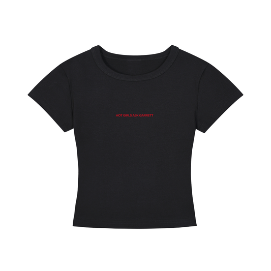 Close-up of the Hot Girls Ask Garrett slogan print on the cropped tee