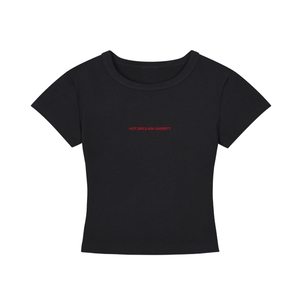 Close-up of the Hot Girls Ask Garrett slogan print on the cropped tee