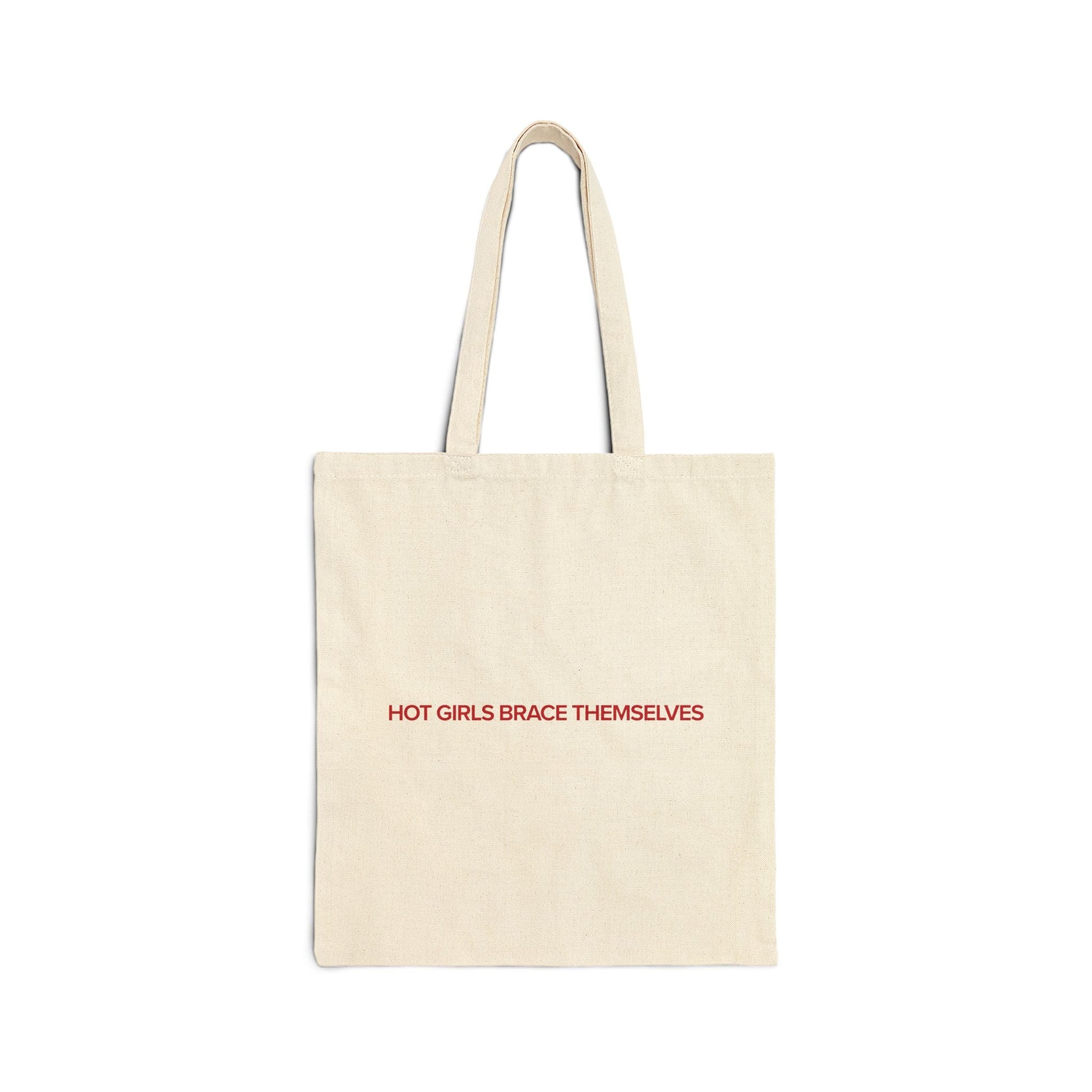 Hot Girls Brace Themselves natural cotton tote bag in brand red, romance reader merch by After Hours Book Club