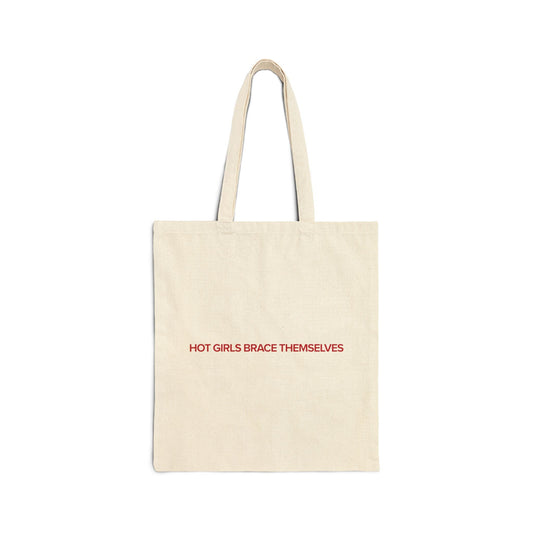 Hot Girls Brace Themselves natural cotton tote bag in brand red, romance reader merch by After Hours Book Club