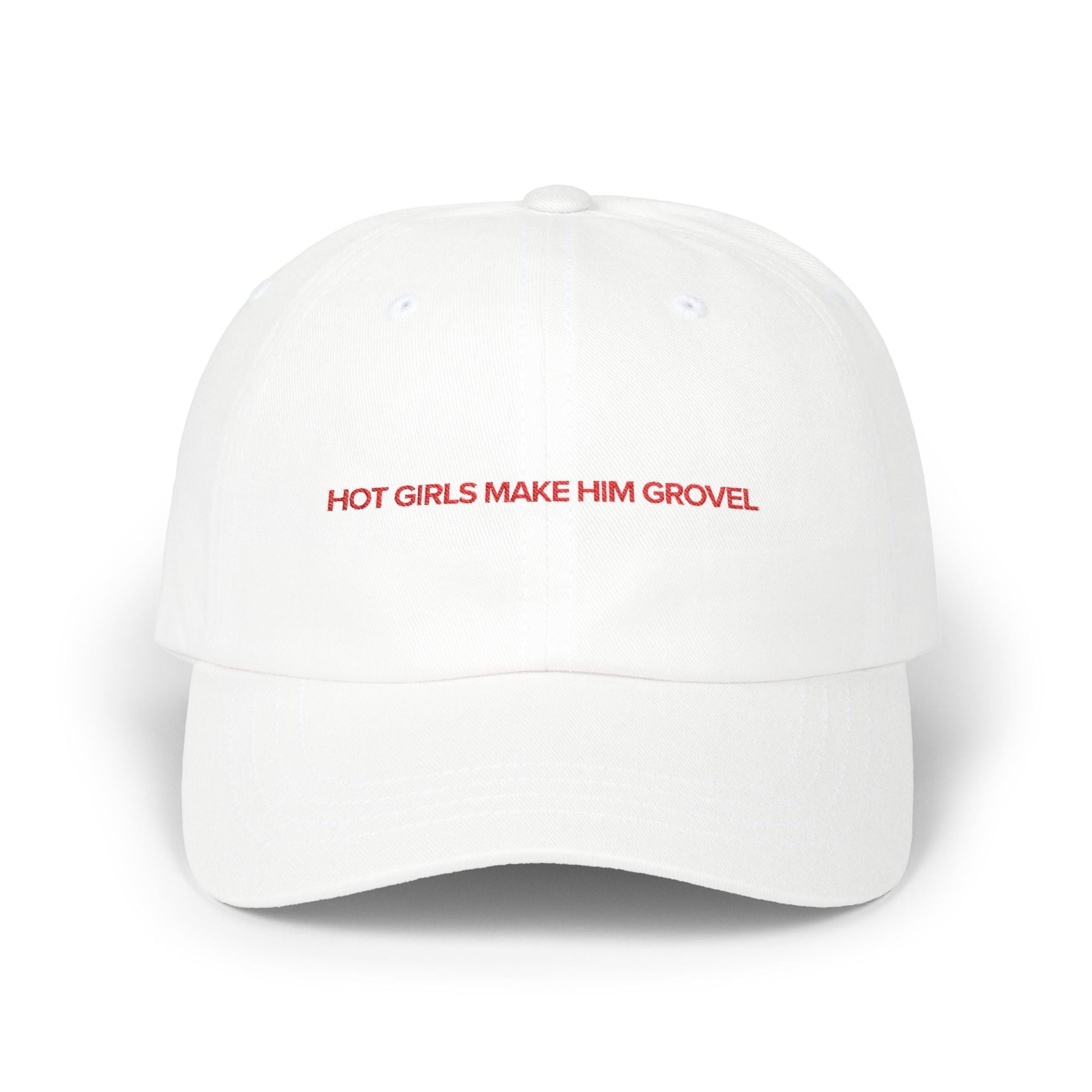Hot Girls Make Him Grovel embroidered dad cap in brand red, romance reader merch by After Hours Book Club