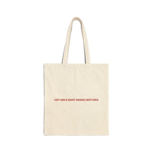 Hot Girls Want Grand Gestures natural cotton tote bag in brand red, romance reader merch by After Hours Book Club