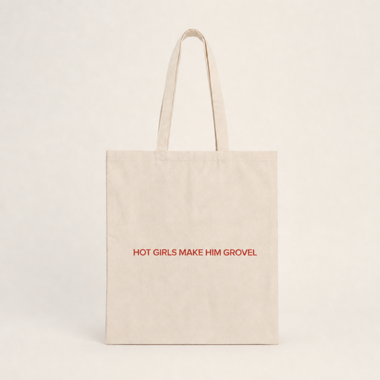 Hot Girls Make Him Grovel natural cotton tote bag in brand red, romance reader merch by After Hours Book Club