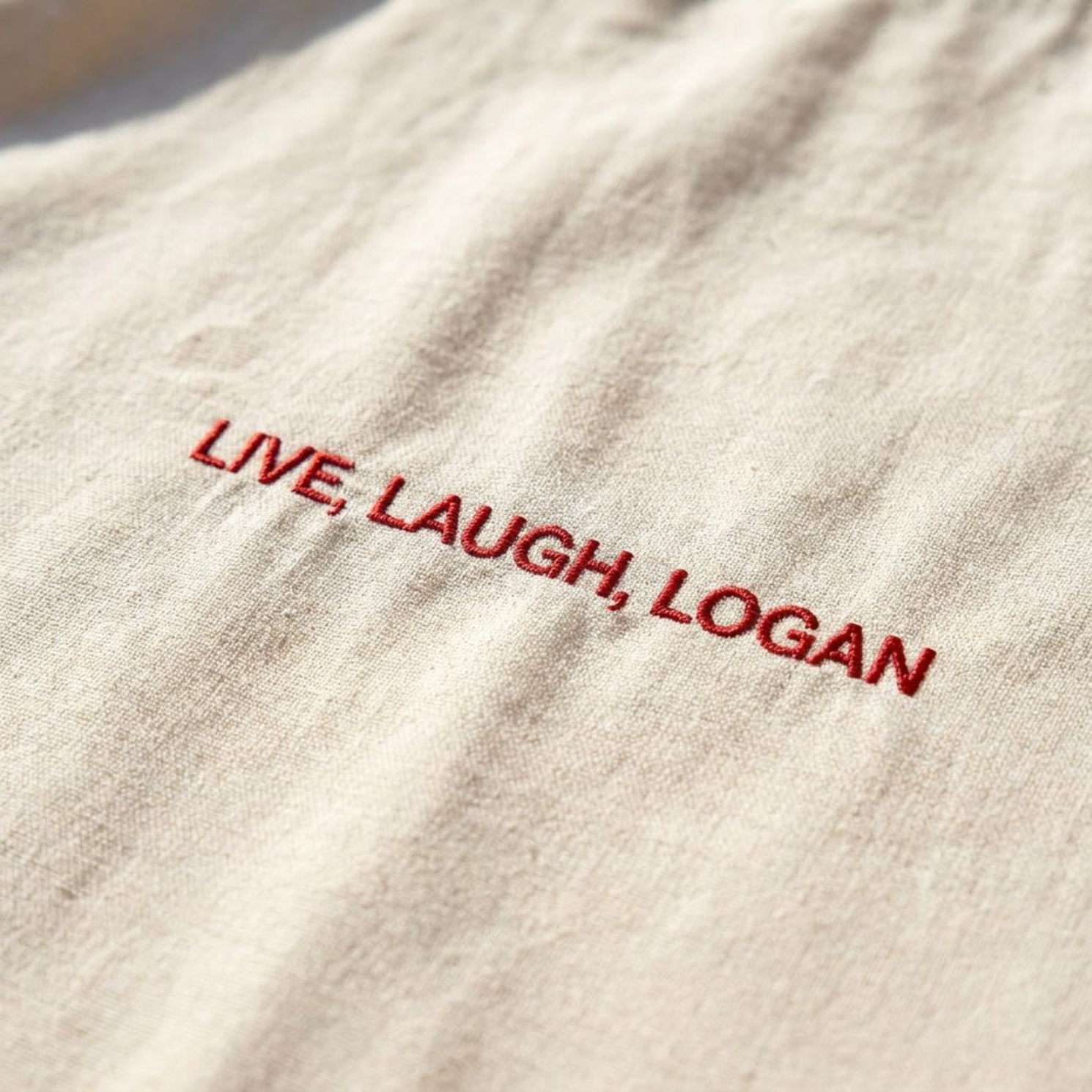 Close-up of the Live, Laugh, Logan slogan print on a natural cotton tote bag