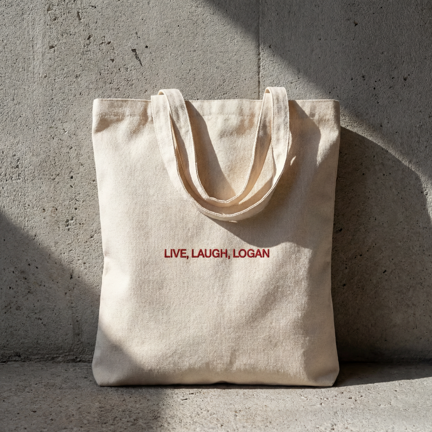 Live, Laugh, Logan natural cotton tote bag, hockey romance slogan in brand red