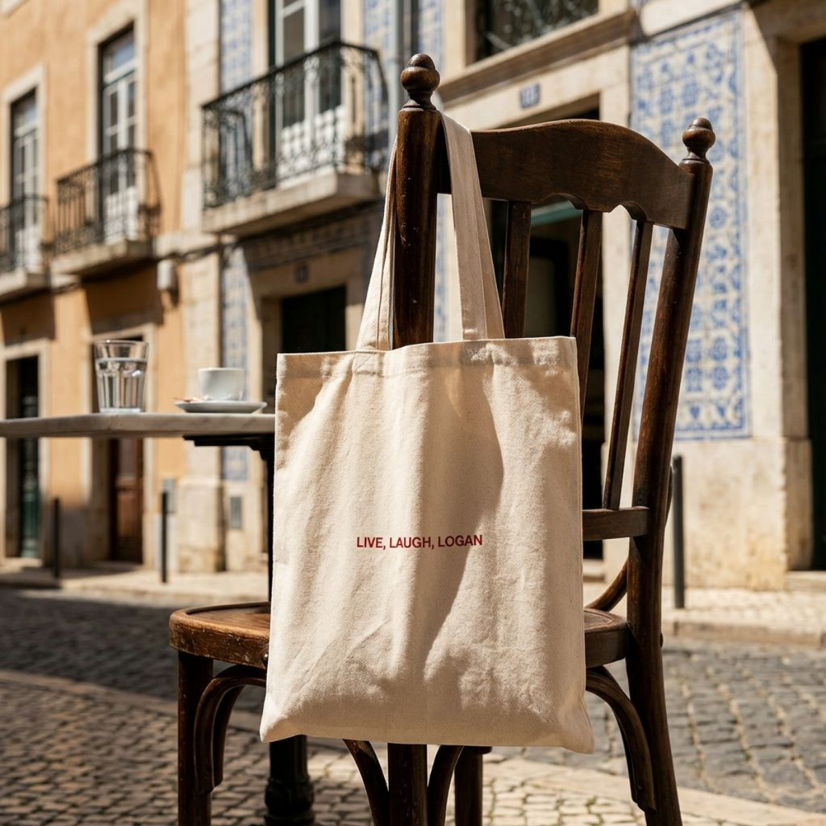 Live, Laugh, Logan cotton tote bag styled on a chair