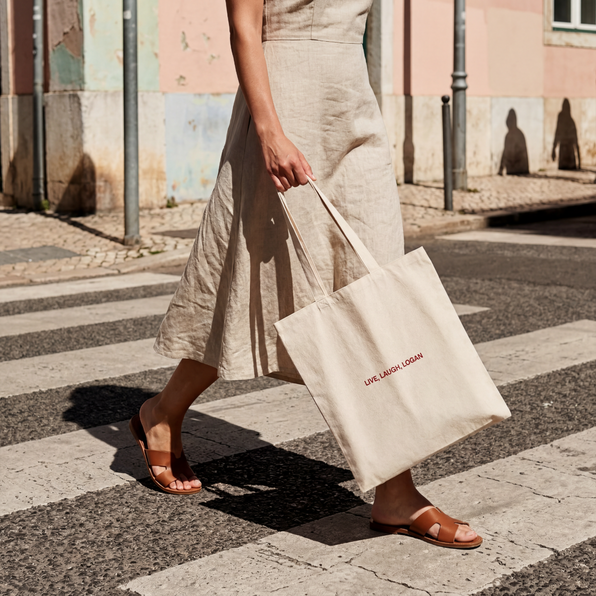 Live, Laugh, Logan cotton tote bag carried on the street