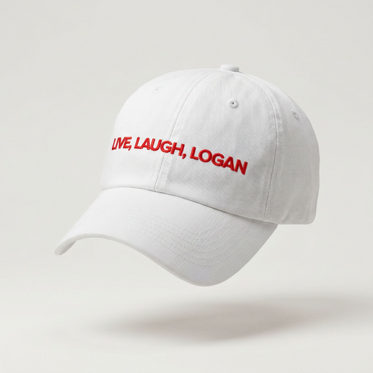 Live, Laugh, Logan embroidered dad cap, hockey romance slogan in brand red