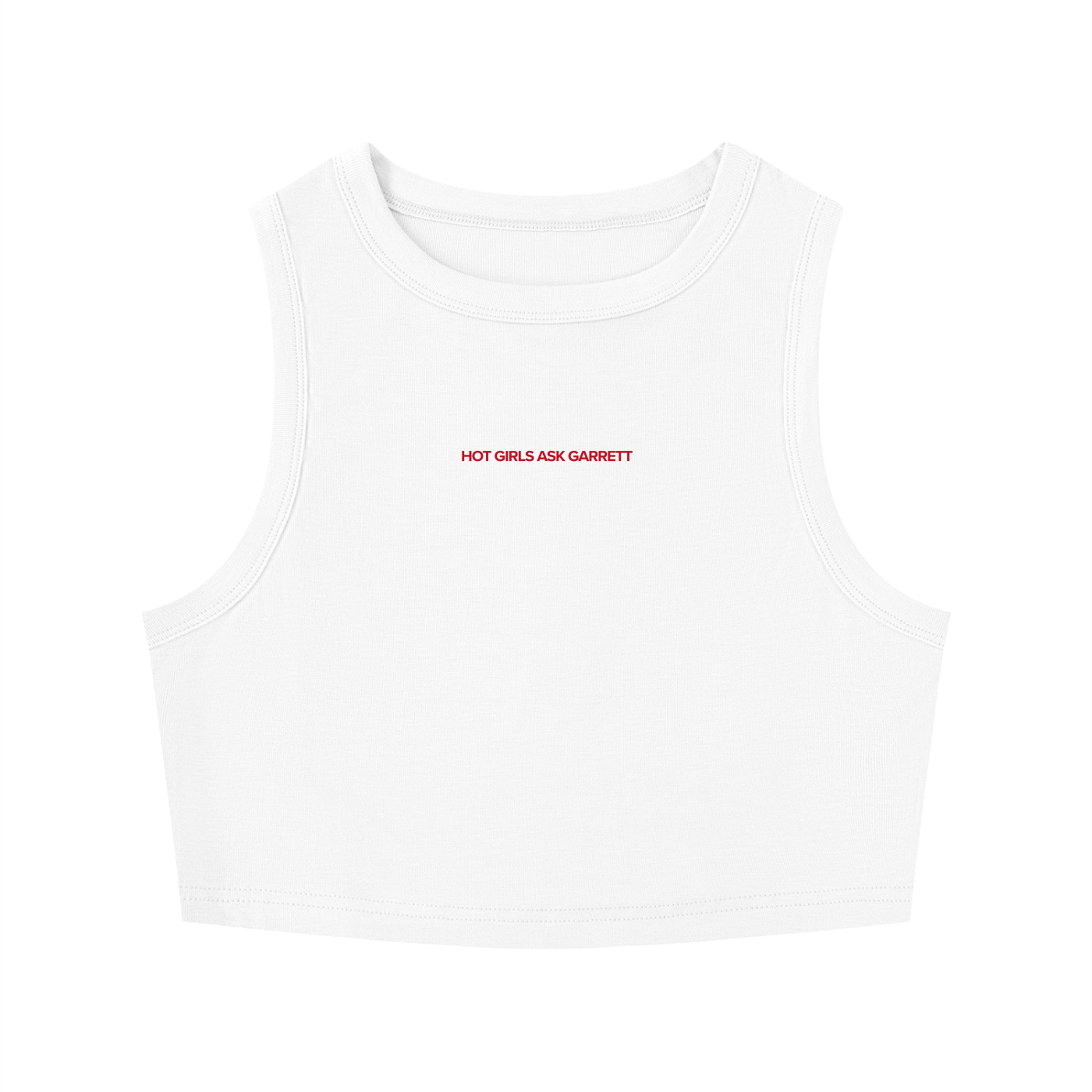 Hot Girls Ask Garrett crop tank top in brand red, hockey romance merch by After Hours Book Club