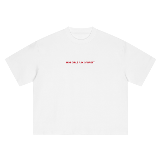 Hot Girls Ask Garrett boxy oversized tee in brand red, hockey romance merch by After Hours Book Club