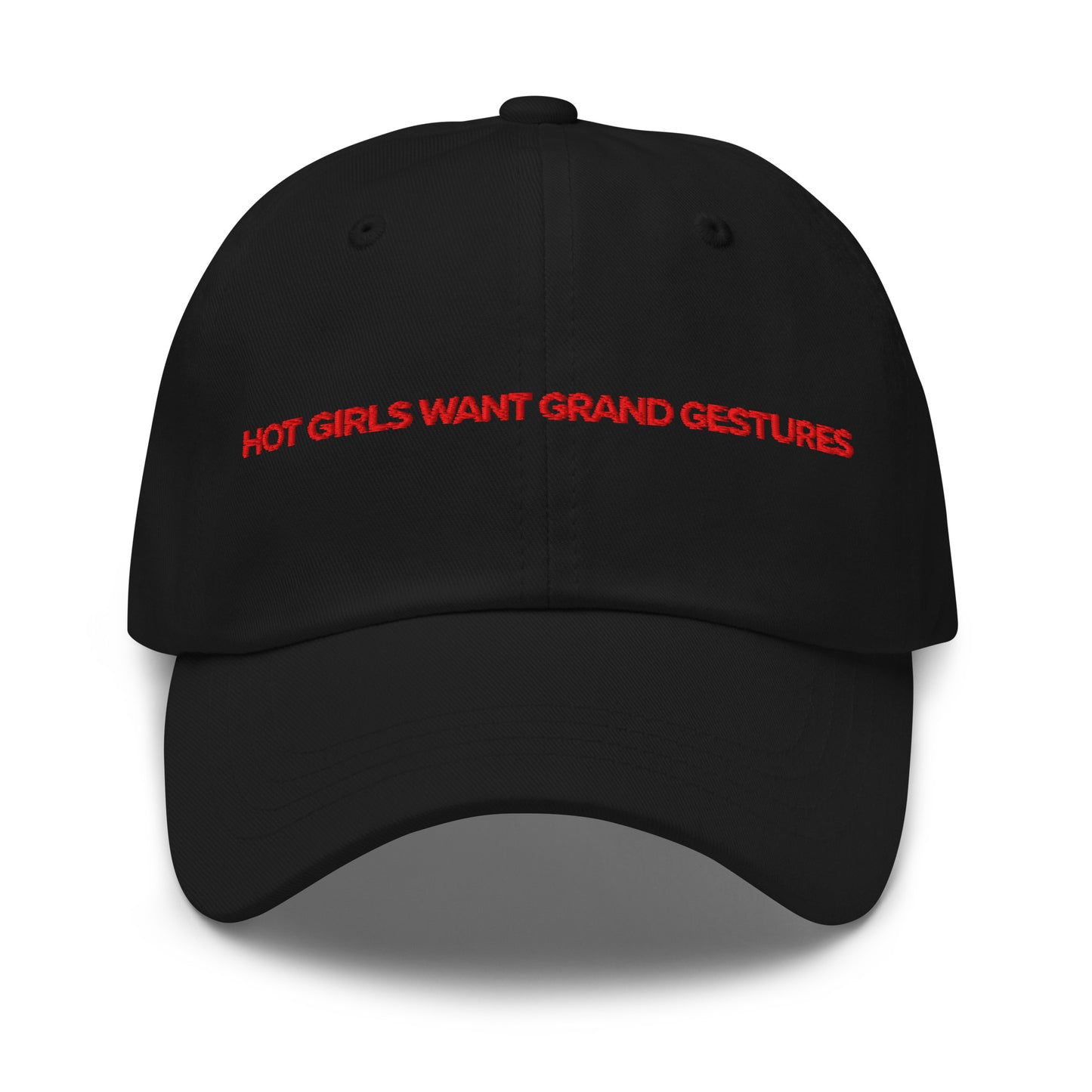Hot Girls Want Grand Gestures embroidered dad cap in brand red, romance reader merch by After Hours Book Club