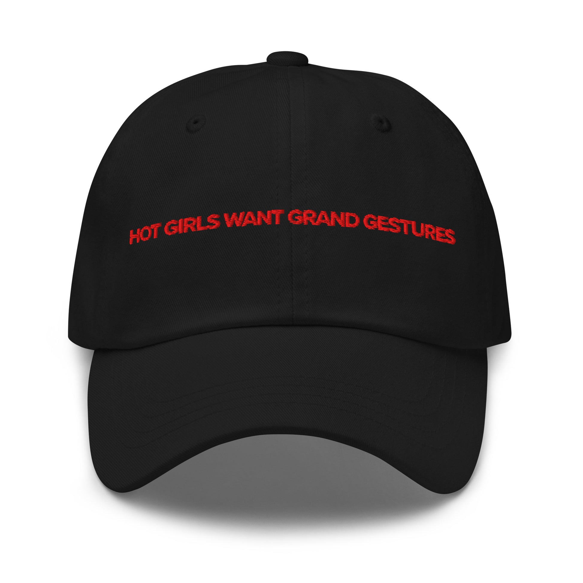 Hot Girls Want Grand Gestures embroidered dad cap in brand red, romance reader merch by After Hours Book Club