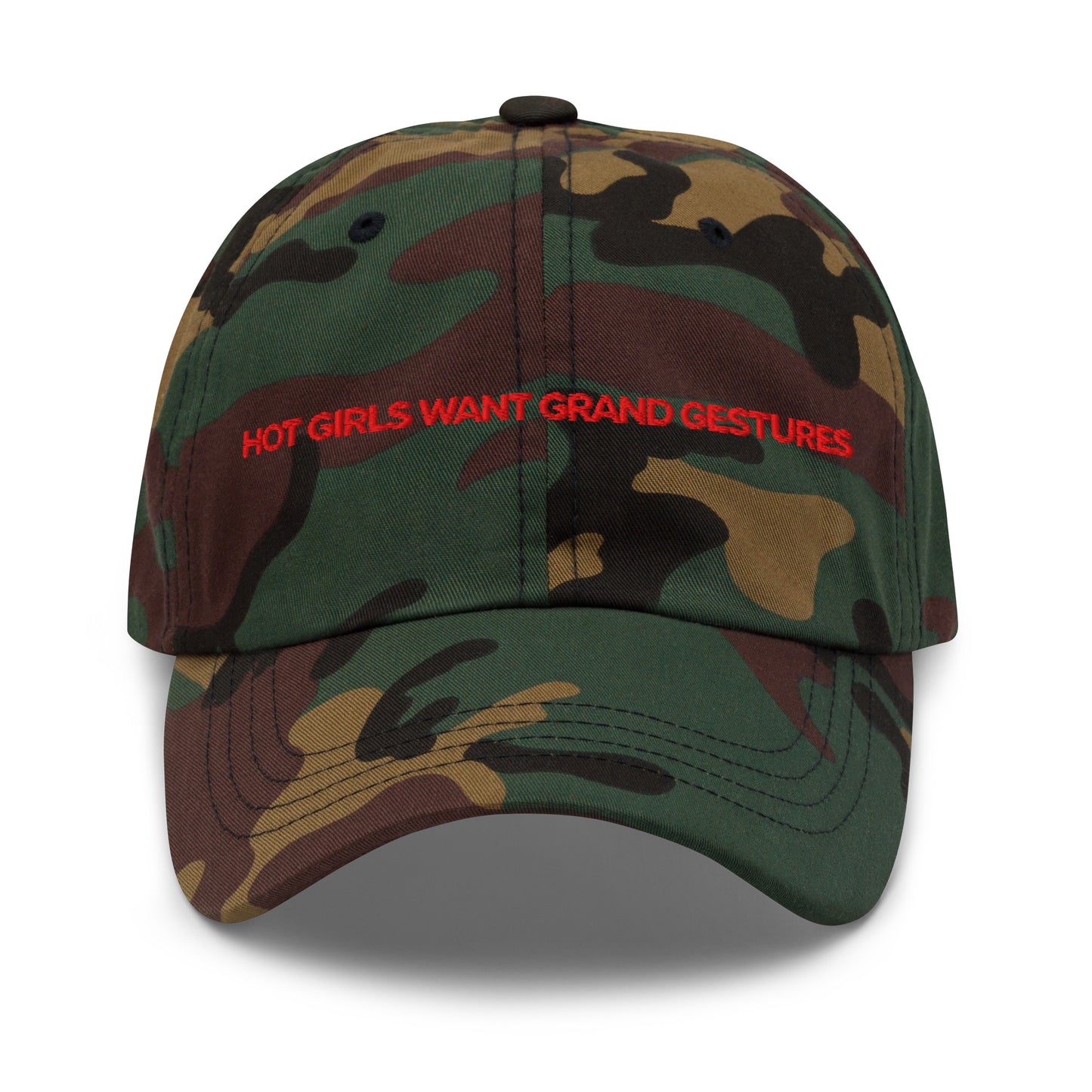 Hot Girls Want Grand Gestures embroidered dad cap, front view