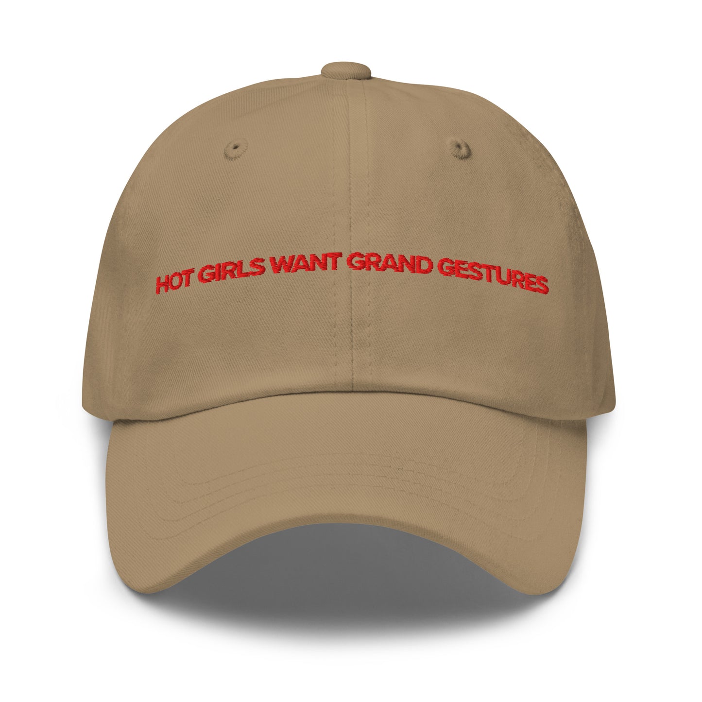 Hot Girls Want Grand Gestures embroidered dad cap styled in brand red