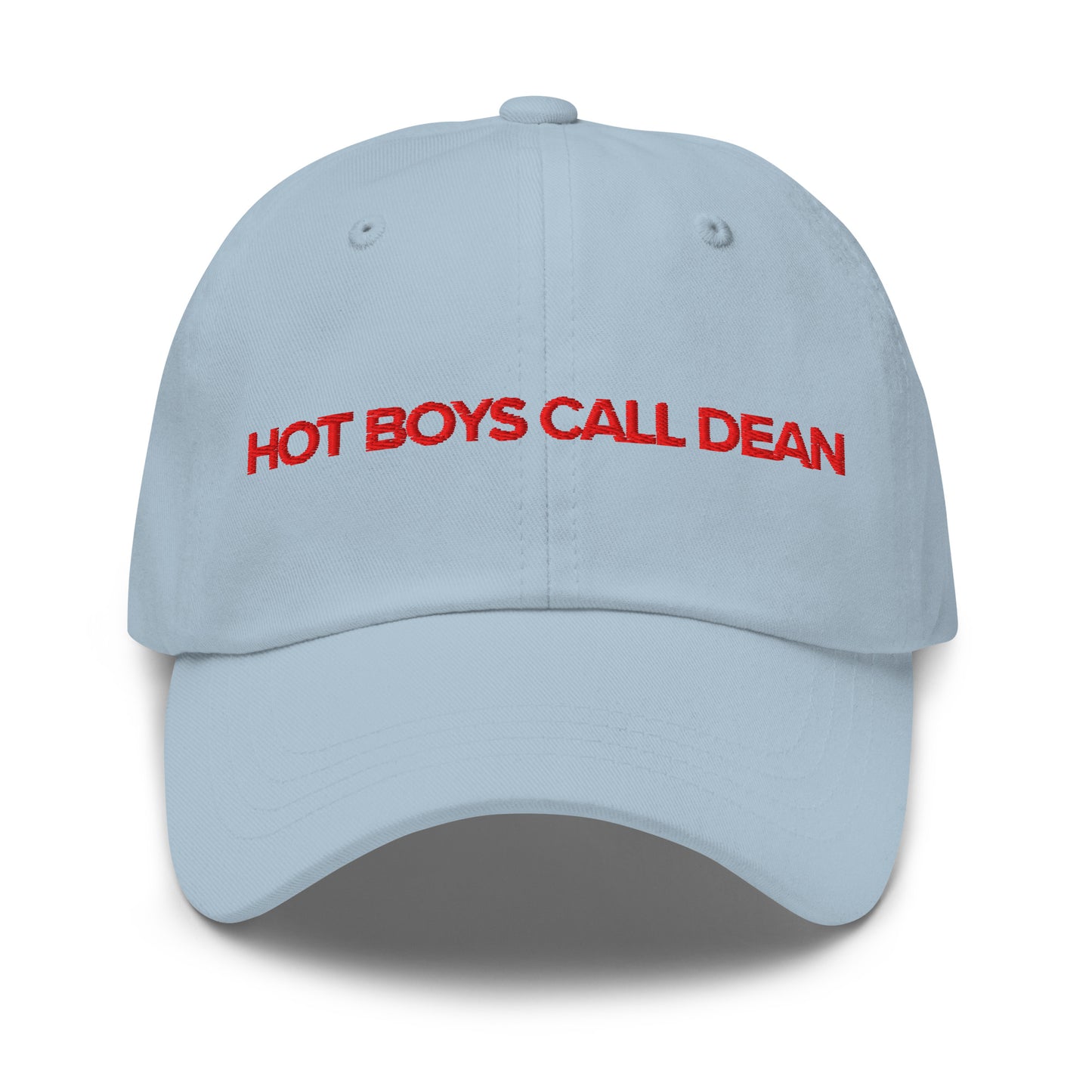 Close-up of the Hot Boys Call Dean embroidery on the dad cap