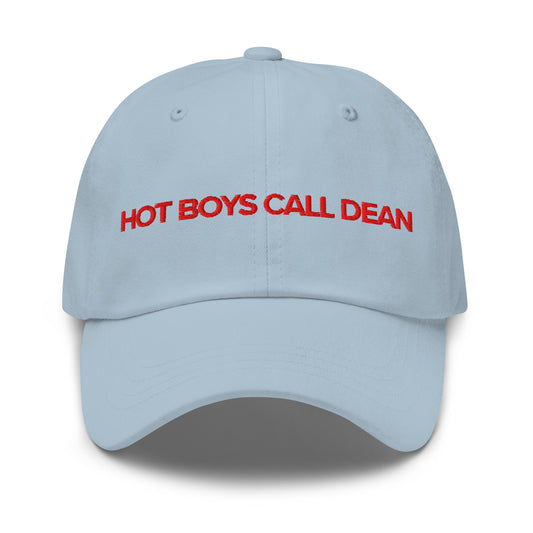 Close-up of the Hot Boys Call Dean embroidery on the dad cap