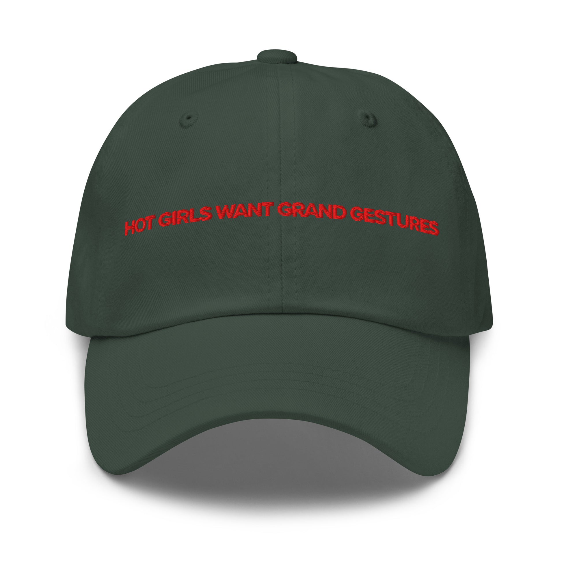 Hot Girls Want Grand Gestures embroidery slogan detail in brand red