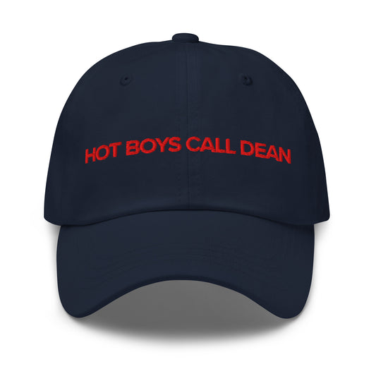 Hot Boys Call Dean embroidered dad cap in brand red, romance reader merch by After Hours Book Club