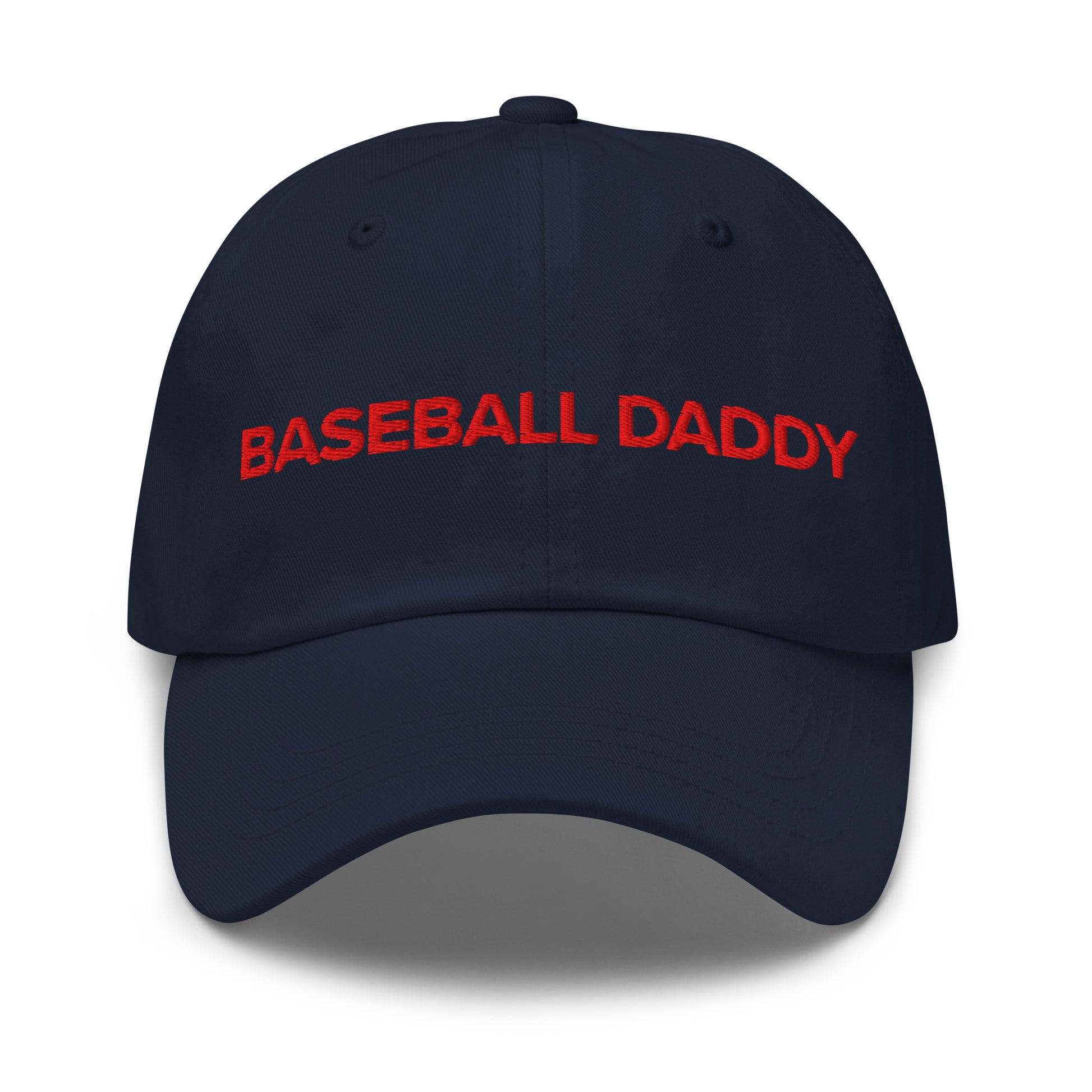 Close-up of the Baseball Daddy embroidery on the dad cap